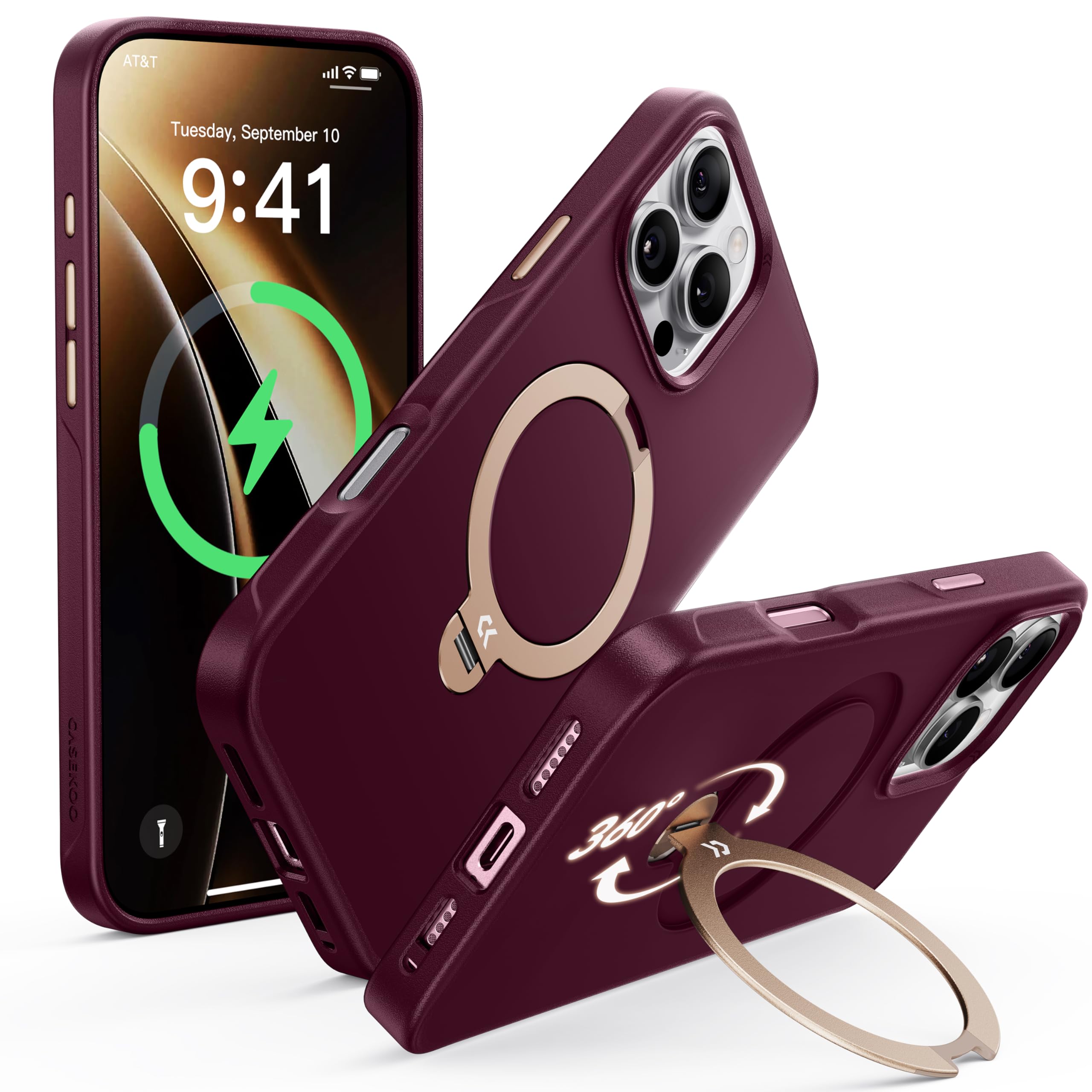 【2025新登場・機能美の極み】CASEKOO iPhone 16 Pro 用 ケース 360度回転スタンド 横縦両立 耐衝撃 MagSafe対応 滑り止め マット仕上げ 黄変防止 ワイヤレス充電対応 ストラップホール付き いphone16pro 用ケース