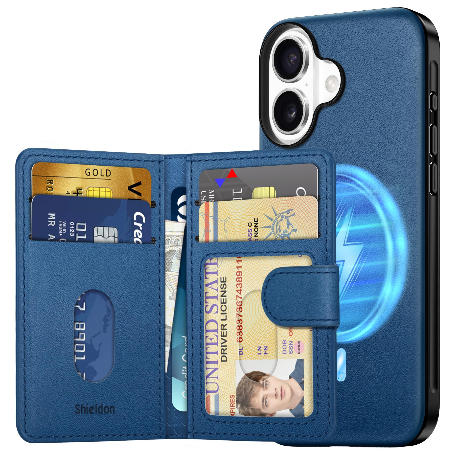 SHIELDON iPhone 16対応 ケース 本革レザー 磁気吸着ウォレット 分離可 6枚カード収納 [RFIDブロッキング] 磁気充電可 ベーシックケース 背面保護 あいふぉん16 対応ケース 滑り止め 軽量 指紋防止 カメラ保護 携帯便利 アイホン