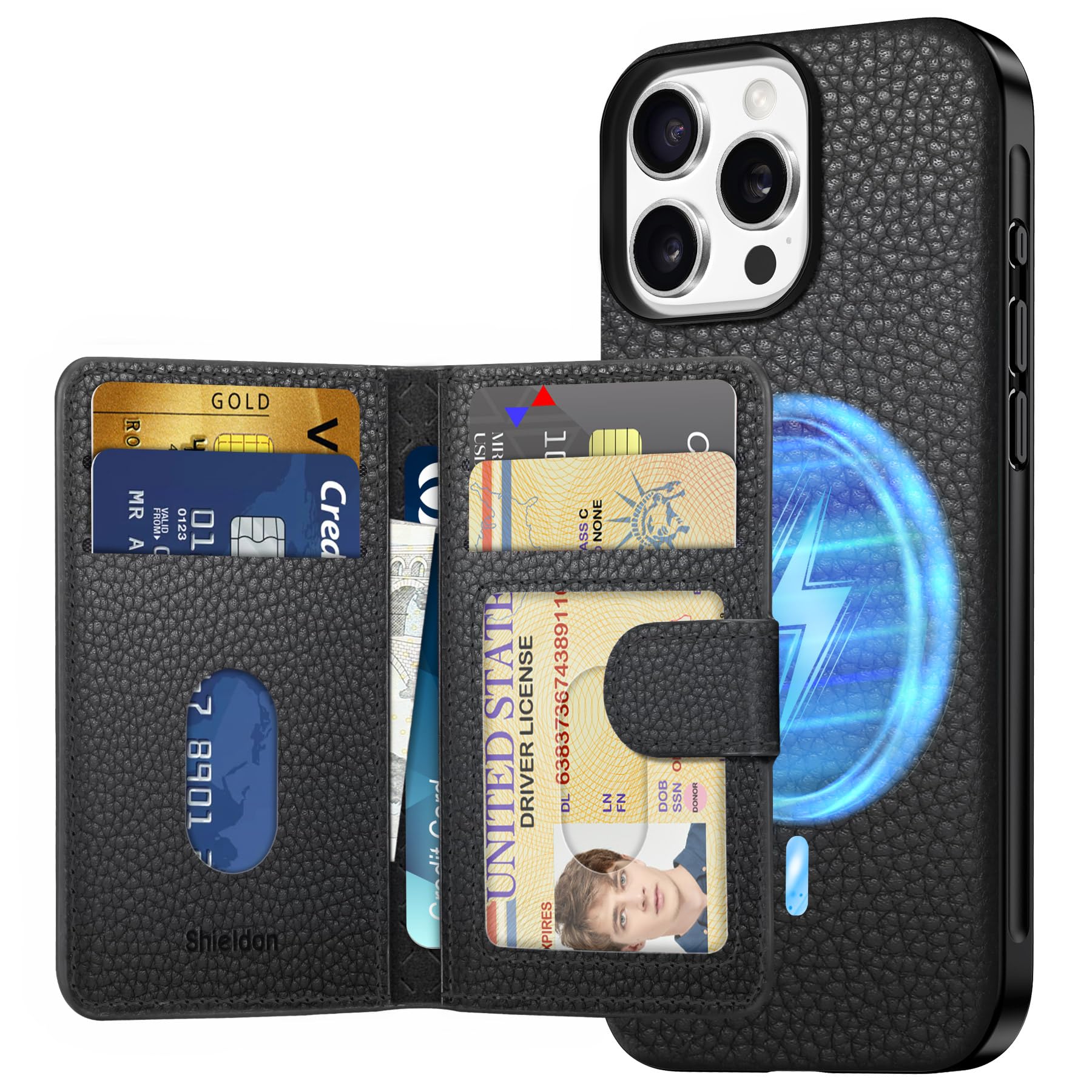 SHIELDON iPhone 16 Pro Max対応 ケース 本革レザー 磁気吸着ウォレット 分離可 6枚カード収納 [RFIDブロッキング] 磁気充電可 ベーシックケース 背面保護 あいふぉん16プロマックス対応ケース 滑り止め 軽量 指紋防止 カメ