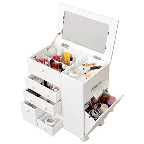 萩原 コスメワゴン 鏡台 コスメボックス ドレッサー ホワイト 幅46&times;奥行28&times;高さ50.5cm たっぷり収納 キャスター付 MUD-6649WH 1台入り｜SelectSHOP 岐阜 店