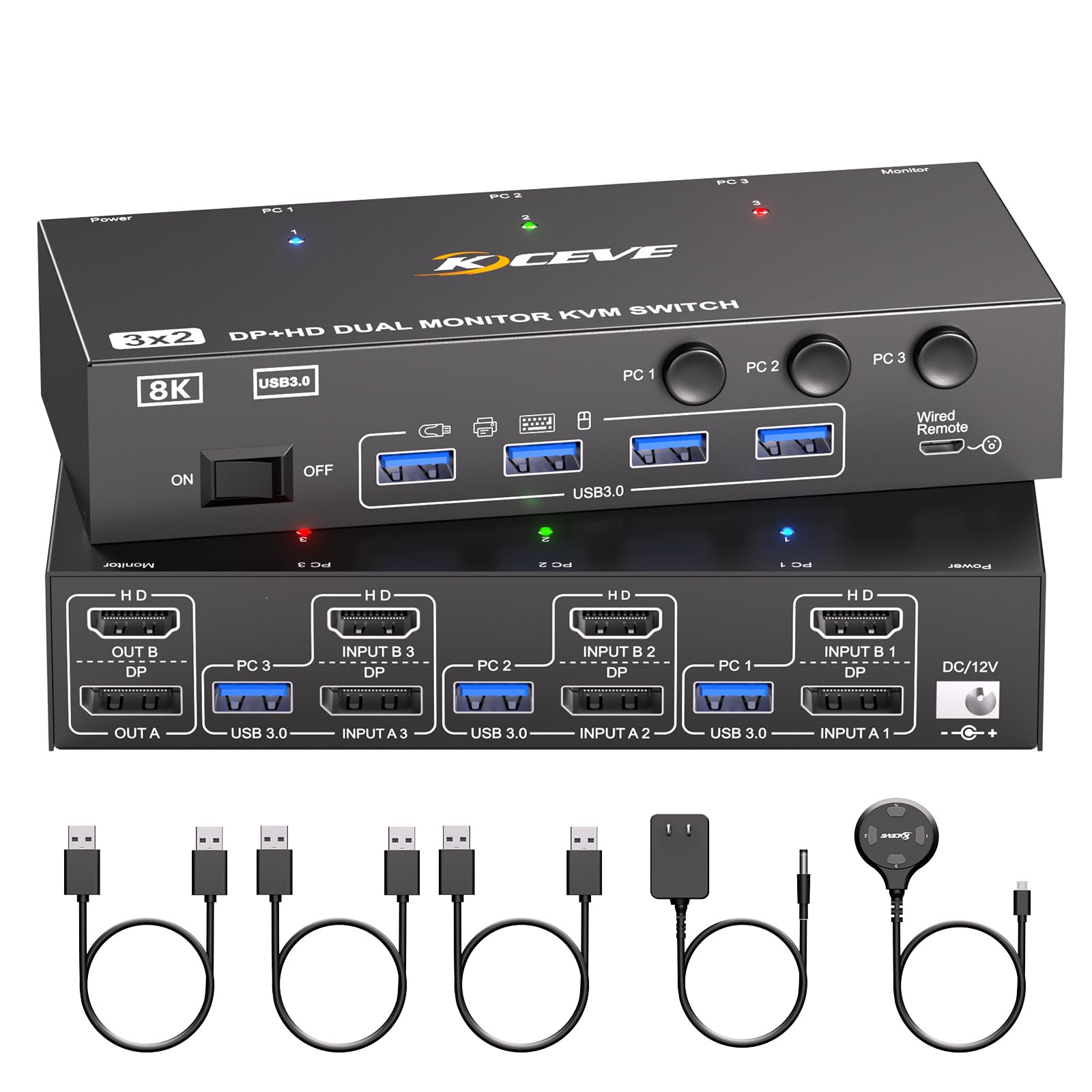 KCEVE 8K@60Hz USB3.0 KVMスイッチ 3入力2出力、ミラー/拡張モード KVM Switch PC3台とモニター2台対応 キーボード、マウスを3PCで共有 ドライバー不要 簡単に接続 手元スイッチ付き(8K@60Hz/4K@144Hz)|SelectSHOP 岐阜 店