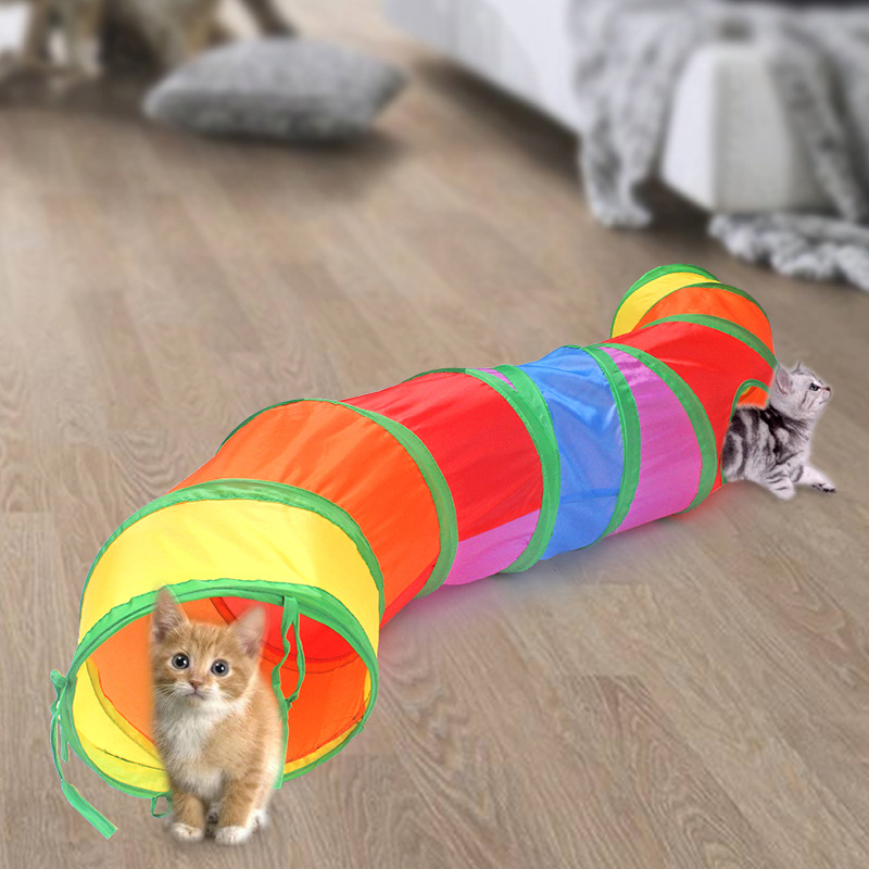 猫 キャットトンネル 猫トンネル プレイトンネル 猫おもちゃ ストレス発散 運動不足 対策 ２穴付き おもちゃ S型 折りたたみ 中大型猫使え  ブラウン 猫用品