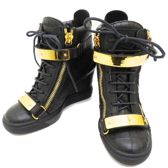 上品でエレガントなハイカットスニーカー Giuseppe Zanotti ジュゼッペザノッティ ジッパー Idx ゴールド金具 スニーカー スニーカー ハイカット レディース靴 スニーカー 21新発 レザー ブラック Zanotti ジュゼッペザノッティ レディース 中古