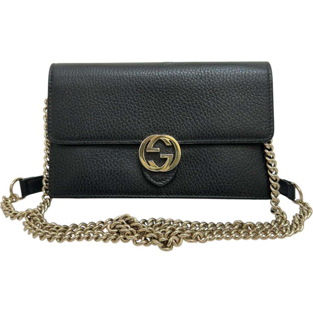【GUCCI/グッチ】 インターロッキングG 510314 チェーンウォレット 長紙入れ なめし革/GP 黒いこと革/ゴールド金具 レディース【中古】【真子質店】【BL】【MoTMi】