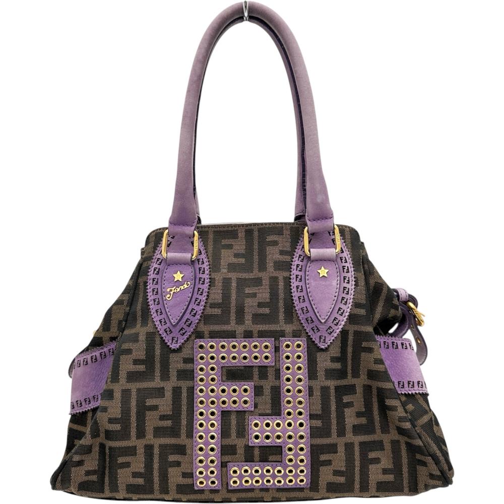 【FENDI/フェンディ】 8BN157 ズッカ エトニコ パンチング ハンドバッグ キャンバス/レザー ブラウンキャンバス/パープルレザー レディース【中古】【真子質店】【BL】【DSMo】【pdpd】