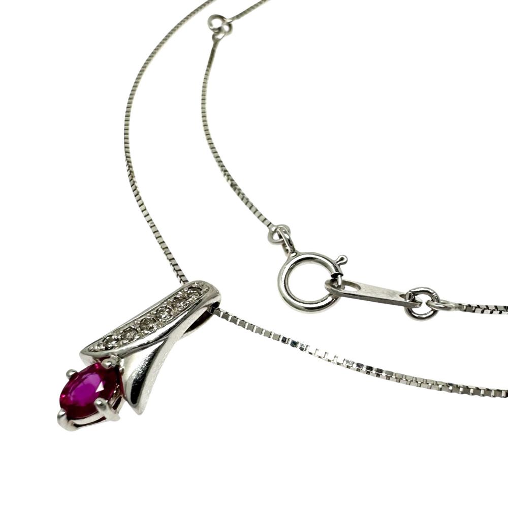ルビー ダイヤモンド 計0.03ct ネックレス K14WGホワイトゴールド 14金 1.9g 41cm レディース【中古】【真子質店】【NN】【TYx】