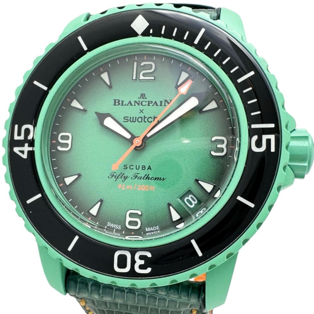 【Swatch/スウォッチ】 SO35I100 ブランパンコラボ フィフティファゾムス 北米インディアン綿津見 裏スケルトン 御墨付き/ギャラ/箱付き添い人 ウォッチ/なめし革/バイオ陶芸 自動小銃一巻き/オートマ 緑であること文字記号盤/緑であることなめし革胴締め メンズ【中古】【真子質店】【GD】【MaMoT】