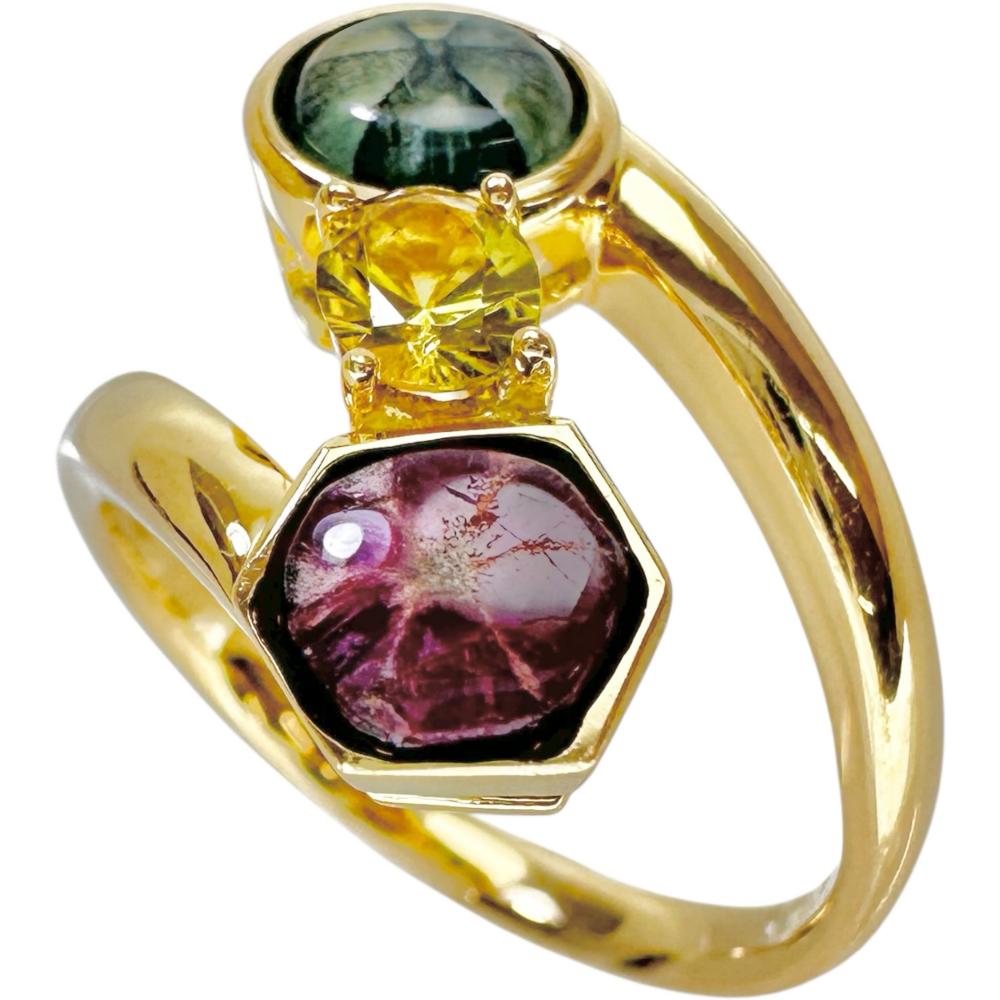 19号 トラピッチェルビー/エメラルド 刻0.88/1.01ct カナリートルマリン 0.30ct リング・指輪 K18ゴールド 18金 6.0g レディース【中古】【真子質店】【NN】【IIIx】