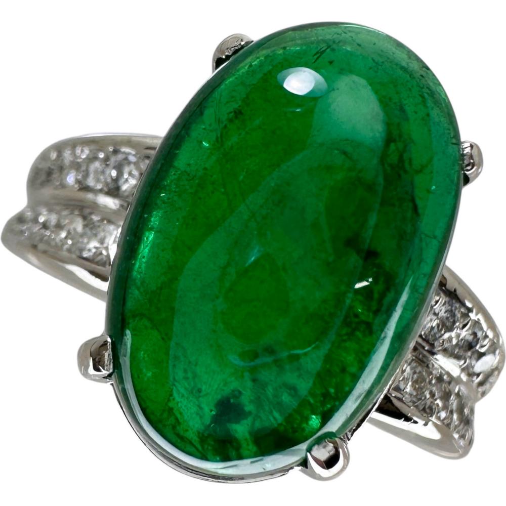 11号 カボションエメラルド 5.85ct ダイヤモンド 0.19ct リング・指輪 Pt900プラチナ 9.2g レディース【中古】【真子質店】【NN】【IYMox】 168,001円