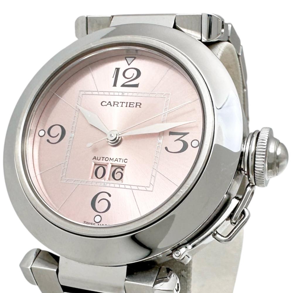 【CARTIER/カルティエ】 パシャC ビッグデイト W31058M7 ウオッチ ステンレス鋼スチール写真 自動小銃一巻き/オートマ さくら色文字記号盤/しろがね色三尺帯 レディース【中古】【真子質店】【BL】【TMaYMo】