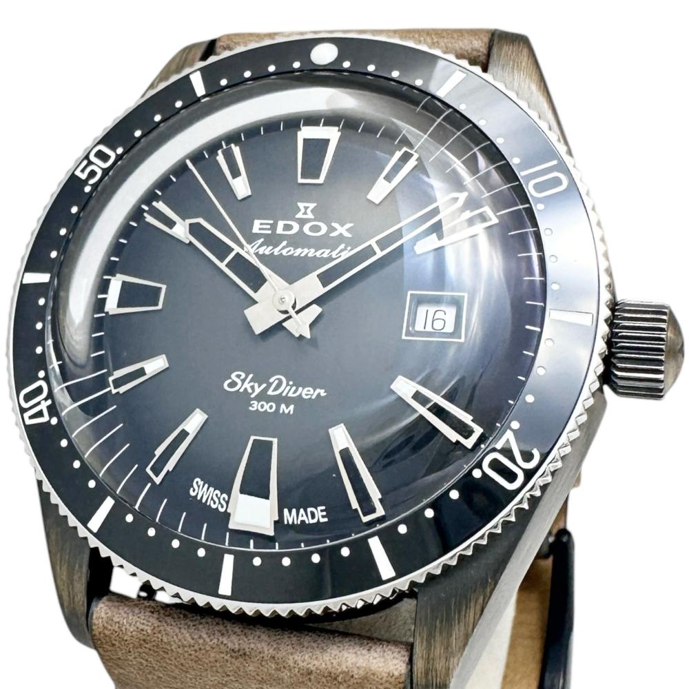 【EDOX/エドックス】 スカイダイバーデイト リミテッドエディション 600本制限事項 80126-3VIN ウオッチ ステンレス鋼スチール写真/なめし革 自動小銃一巻き/オートマ 薄墨色文字記号盤/チャコールレザーベルト メンズ【中古】【真子質店】【GD】【ITIx】