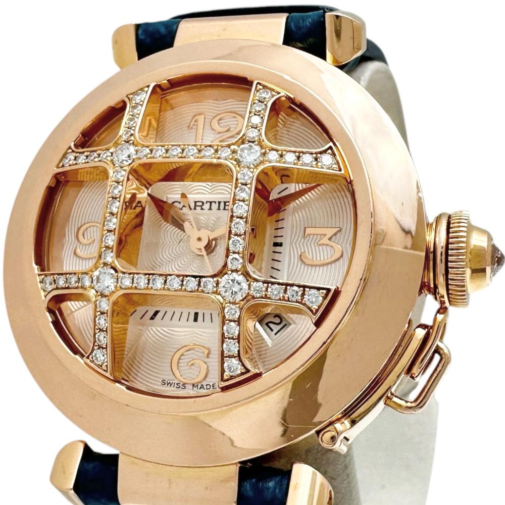【CARTIER/カルティエ】 パシャ グリッド ダイヤモンド WJ116836 裏スケルトン 腕時計 K18PGピンクゴールド/レザー 自動巻き/オートマ シルバー文字盤/ブルーグリーンレザーベルト レディース【中古】【真子質店】【BL】【IxKID】【pdpd】｜真子質店店
