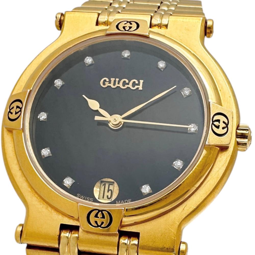 【GUCCI/グッチ】 9200M ダイヤ11P 腕時計 GP クオーツ ブラック文字盤/ゴールドベルト メンズ【中古】【真子質店】【GD】【MaMax】｜真子質店店