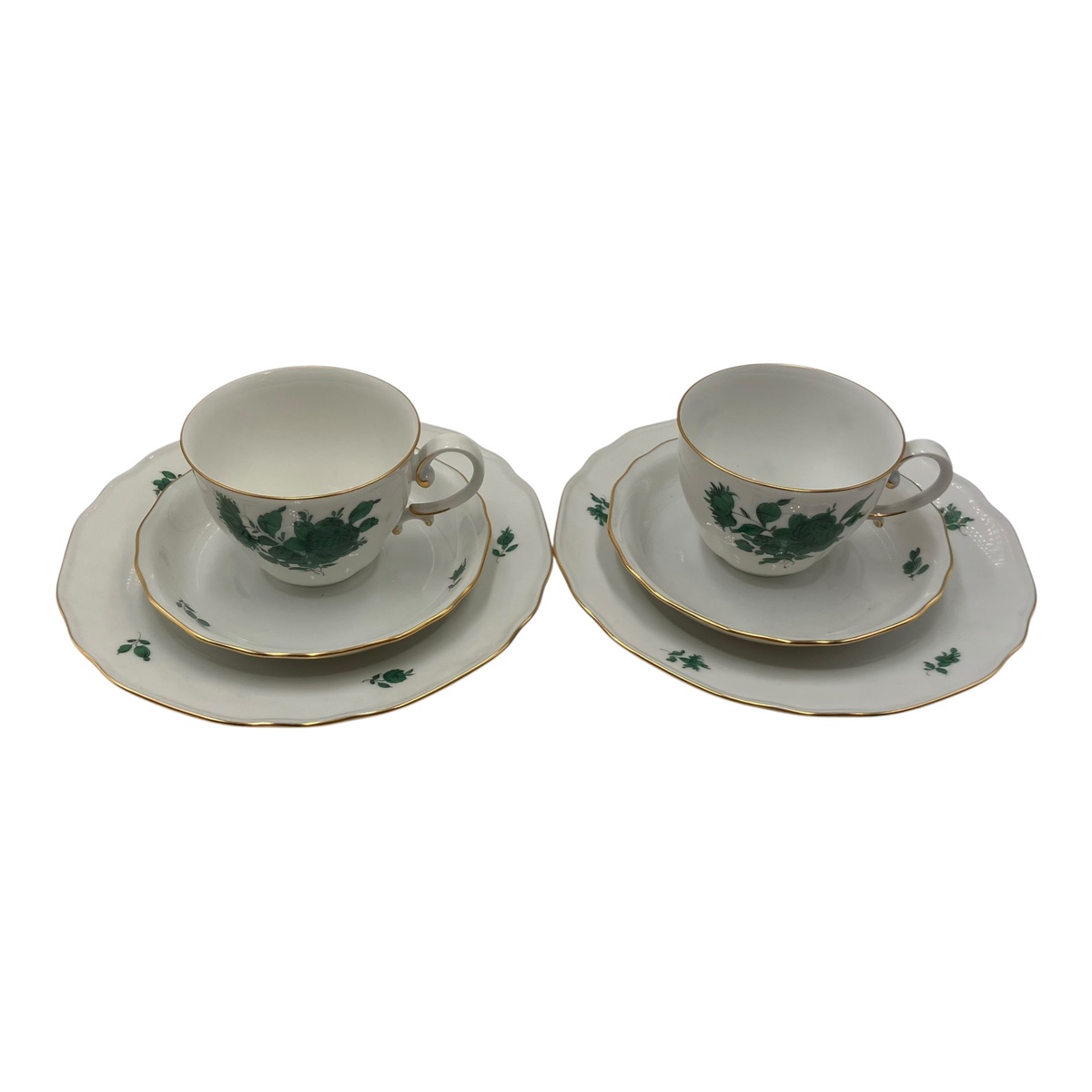 ■ アウガルテン ウィーン トリオ カップ ソーサー プレート 2客 緑 花柄 金彩 食器 2679969｜買取マクサス