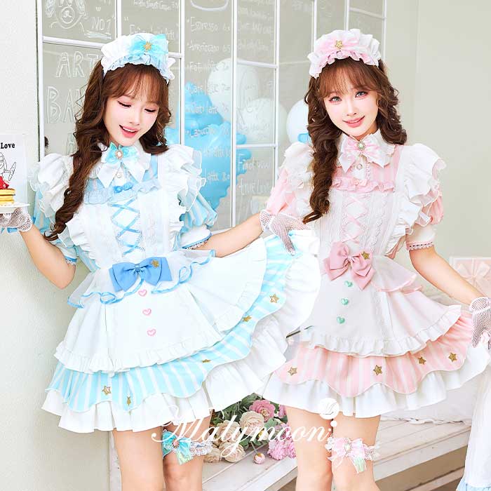 [正規品]【即納】コスプレ メイド ウエイトレス ブルー ピンク マジカル 魔法少女 星 スター フリル 仮装 可愛い 女性 レディース 一式 マリームーン malymoon【CS25201】