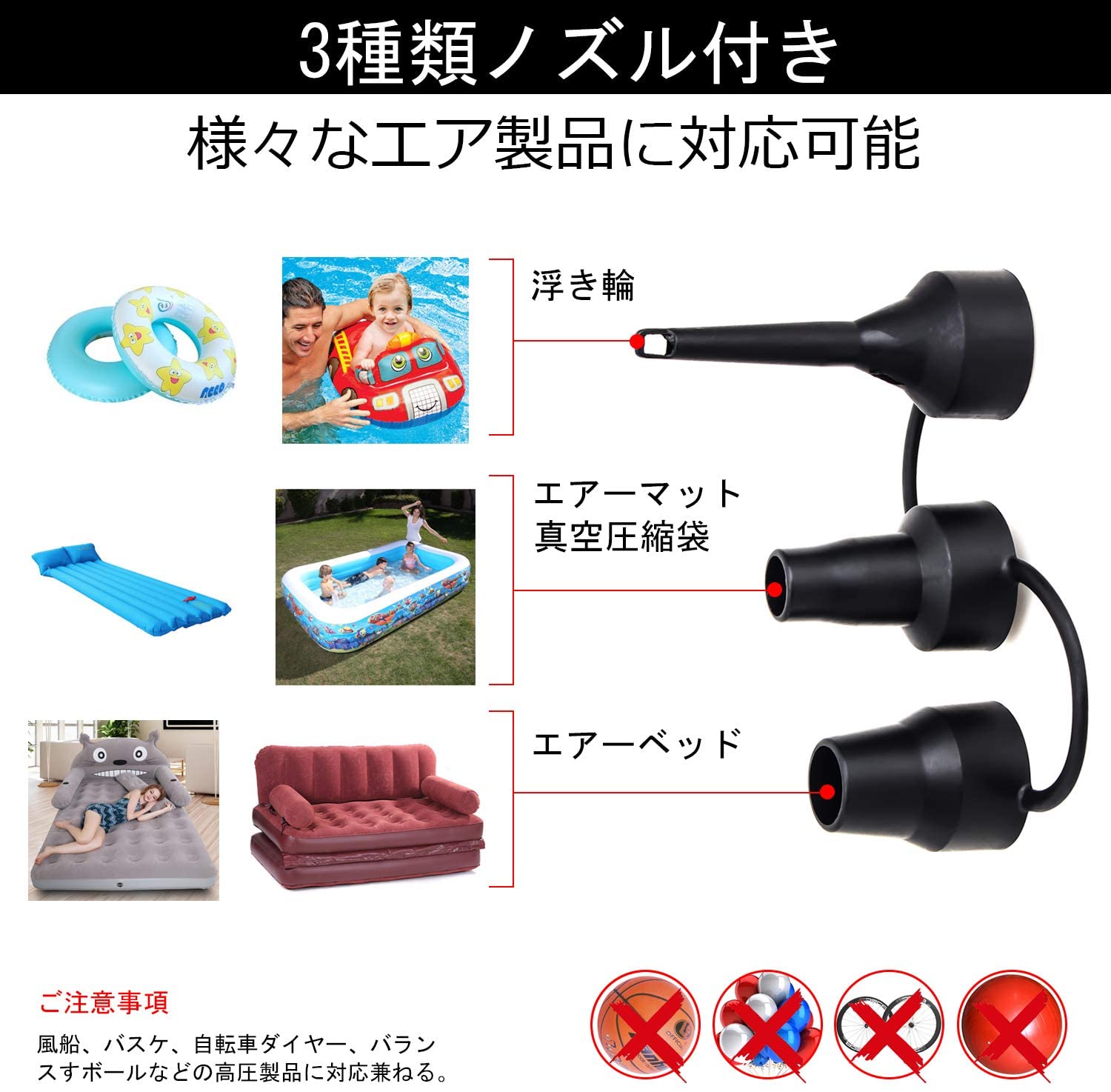 楽天市場 お得なクーポン付き 土日限定 電動ポンプ Pse認証 空気を抜く 空気を入れる 3種類のノズル 浮き輪 エアーベッド プール 簡単持ち運び便利 小型 おしゃれ ママゴオンラインショップ