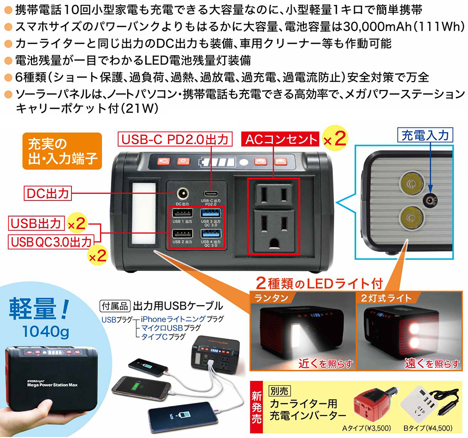 EVERBright メガパワーステーションMAX 3万ｍAｈと40Wソーラーパネルの