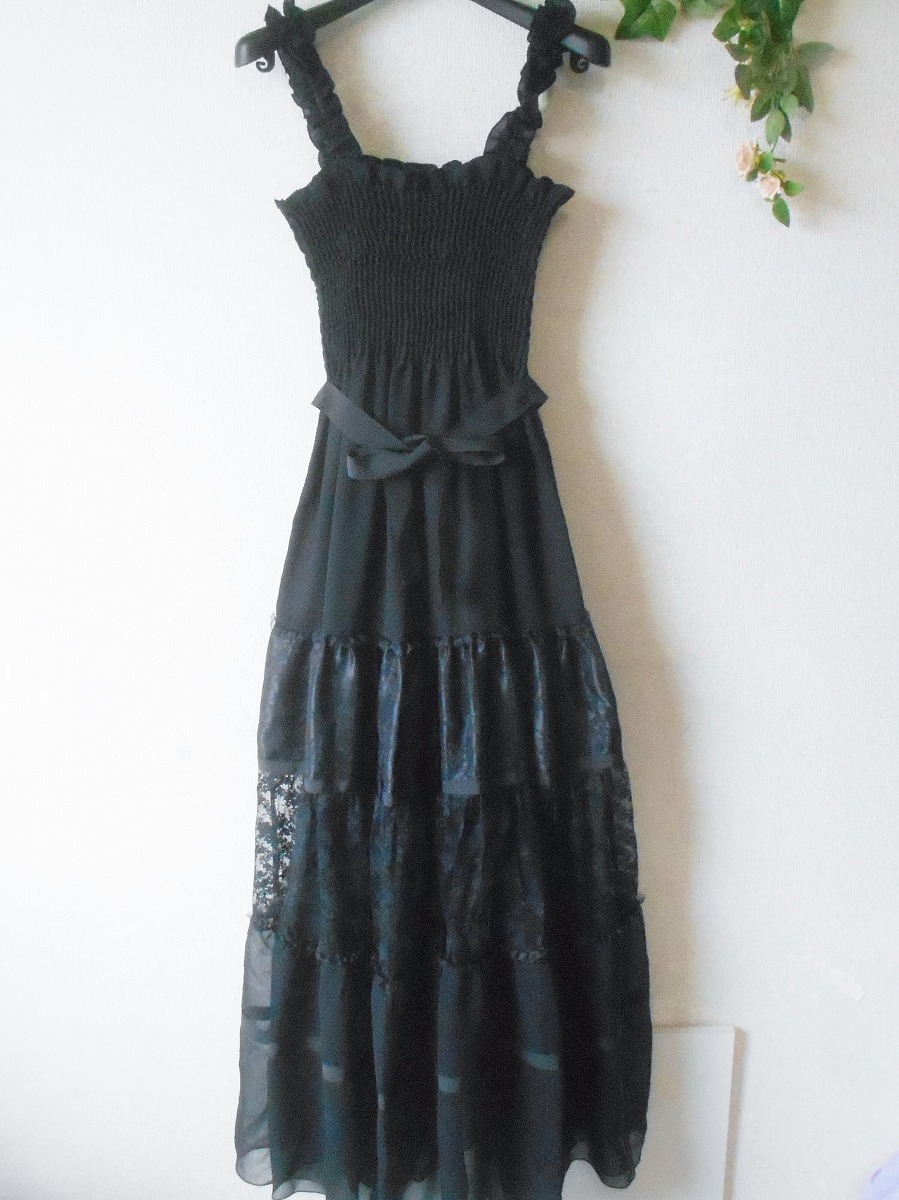 【中古】未使用 メトリーゼ MAITRESSE ロング ドレス ワンピース 黒 9 レース 切替 日本製 新品