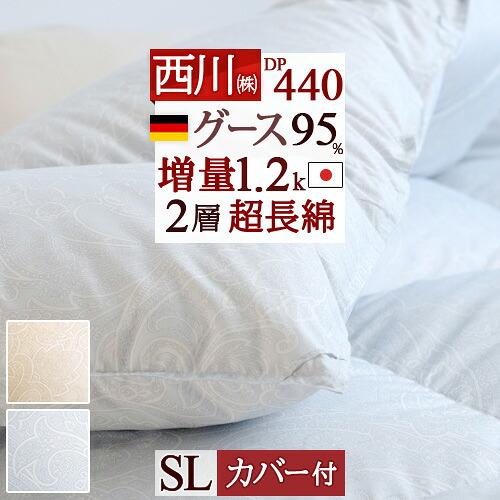 マラソン★最大2万円OFFクーポン 羽毛布団 西川 シングル グースダウン DP440 掛布団カバー付 手選別 ドイツ産ホワイトグース95％ 増量1.2kg 二層 2層式キルト 抗菌 日本製 【羽毛回収対象】 シングルロング 羽毛 掛け布団 掛布団 ふとん｜大好きがいっぱい『ママズベリー』
