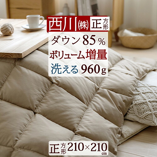 4/18限定★11％OFFクーポン 西川 羽毛こたつ掛布団 正方形 210×210cm 洗える こたつ布団 ホワイトダウン85％ 増量0.96kg 抗菌 ウォッシャブル こたつ掛け布団 大判サイズ 適用天板サイズ80×80cm～90×90cm ウォッシャブル 無地 ゆったり