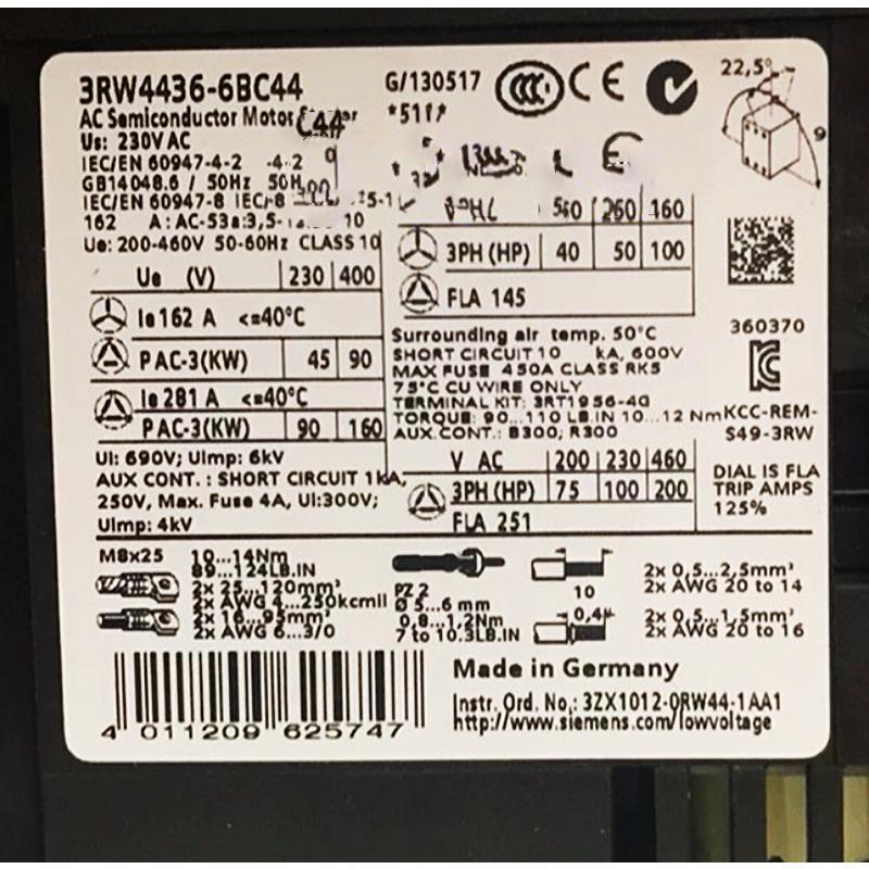 【新品 東京発 ★適格請求書発行可★】SIEMENS シーメンス 3RW4436-6BC44 90KW 【６ヶ月保証】