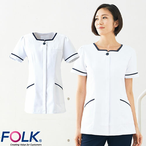 チュニック 白衣 2016EW 看護師 ナース ナース服 FOLK フォーク 半袖 レディース 女性用 医療用 ショート丈 短め 膝上 かわいい 可愛い 人気 病院 エステ 受付 介護 オフィス 上品 おしゃれ 動きやすい
