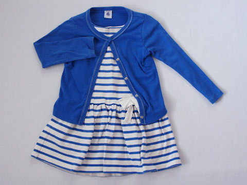 M プチバトー Petit Bateau アウトレット 子供服 女の子 4歳 約 100cm 半袖 ワンピース 長袖 カットソー カーディガン 2点 青 白 ボーダー 春 夏 3 セットアップ ガールズ 女児 キッズ 中古 ユーズド リサイクル 古着 Agam Tavniyot Co Il