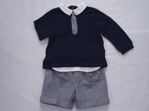 [m] イルグッフォ il gufo マメール アウトレット 子供服 男の子 12M 約 80cm ベビー服 長袖 ニット ショート パンツ 2点 紺 グレー 千鳥 チェック 秋 冬 ★4 セットアップ 冬服 ボーイズ キッズ ベビー 【中古】