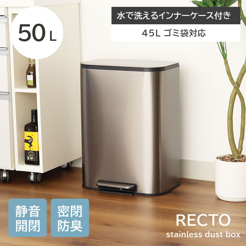 背面フラット 指紋が付きにくい 50L 50リットル ごみ箱 ダストボックス レクト | ゴミ箱 ごみばこ ステンレス ペダル式ゴミ箱 おしゃれ ペダル ふた付き ふた 蓋付き スリム キッチン 大型 縦型 シンプル 生ゴミ 大容量 袋 見えない 隠す 臭わない
