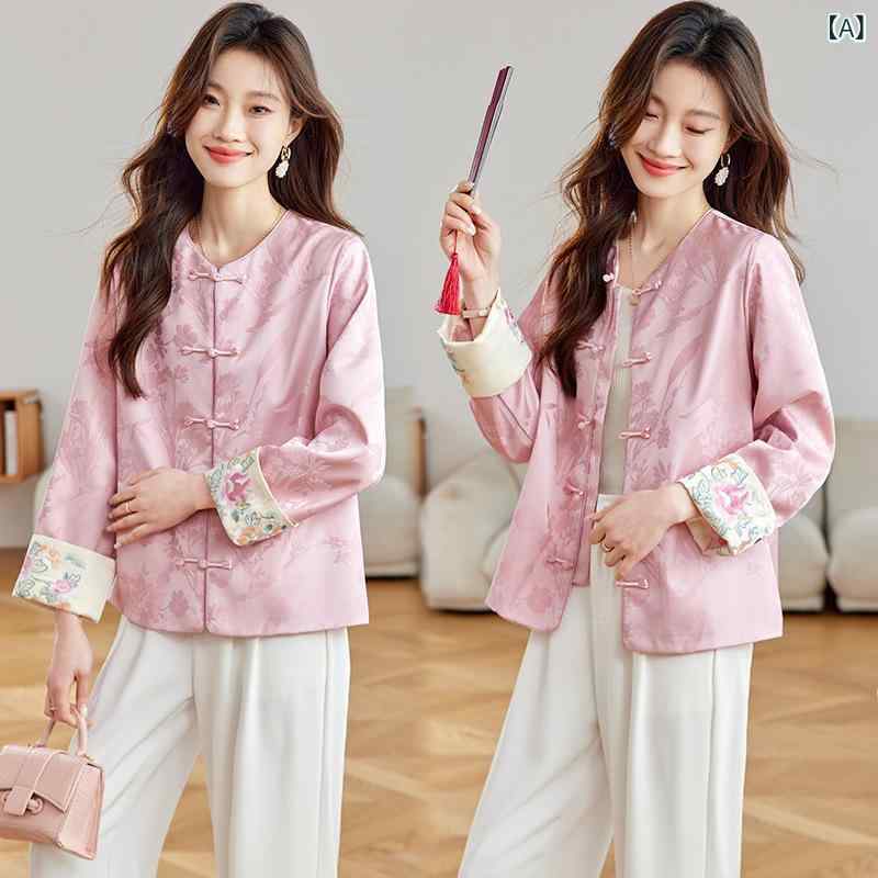 アウター 涼しい 女性 かわいい 便利 春夏 秋 アウター 涼しい 女性 かわいい 便利 春夏 秋 サテンの ジャカードの コート 2025 春の 新型 丸 首の レトロ カーディガンの ゆったりした 民族 風の 刺繍の シャツ 女性