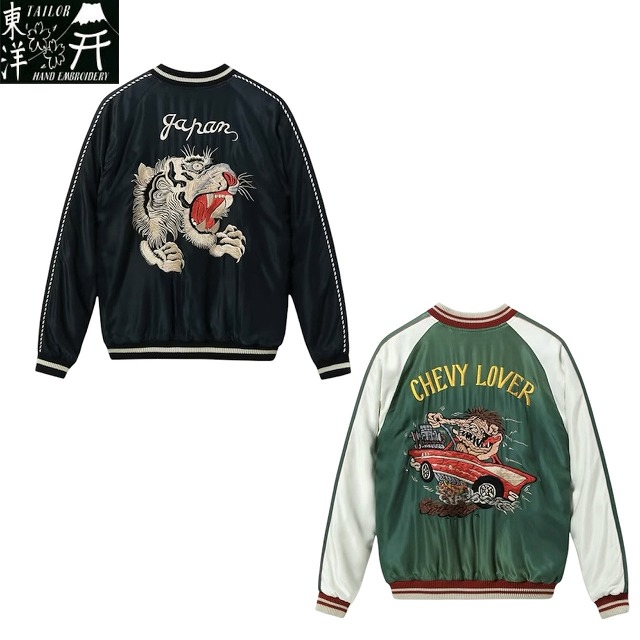 TAILOR TOYO [テーラー東洋] Mid 1950s Style Acetate Souvenir Jacket “TIGER HEAD” × “CHEVY LOVER” AGING MODEL (BLACK) 1940年代中期 アセテートスーベニアジャケット \