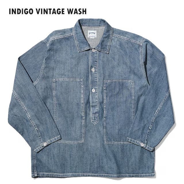 HOUSTON [ヒューストン] USA COTTON DENIM PULLOVER SHIRT (INDIGO VINTAGE) USAコットンデニムプルオーバーシャツ (インディゴヴィンテージ) 40696 BFS トップス-メンズファッション