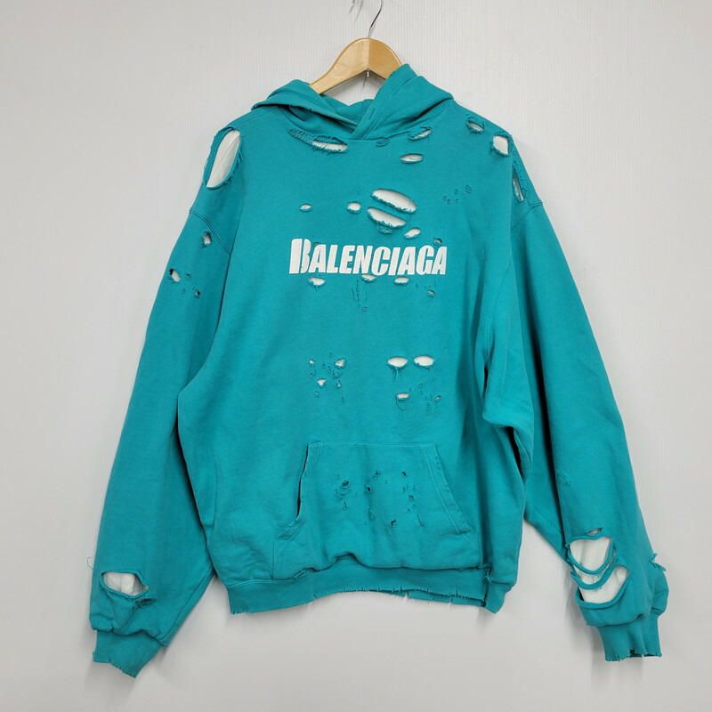 BALENCIAGA ターコイズ ダメージ加工 パーカー M 楽天市場】BALENCIAGA 2021SS Caps Destroyed Hoodie 659403