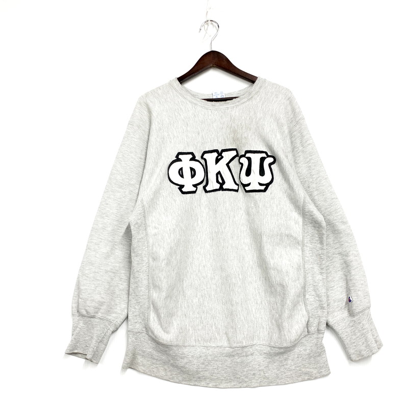 【現状渡し品】【メンズ】 Champion チャンピオン REVERSE WEAVE リバースウィーブ USA製 刺・墸タグ WAPPEN CREWNECK SWEATSHIRT ワッペン クルーネック スウェットシャツ トレーナー トップス 146-250507-ya-01-izu サイズ：XL カラー：グレー 万代Net店