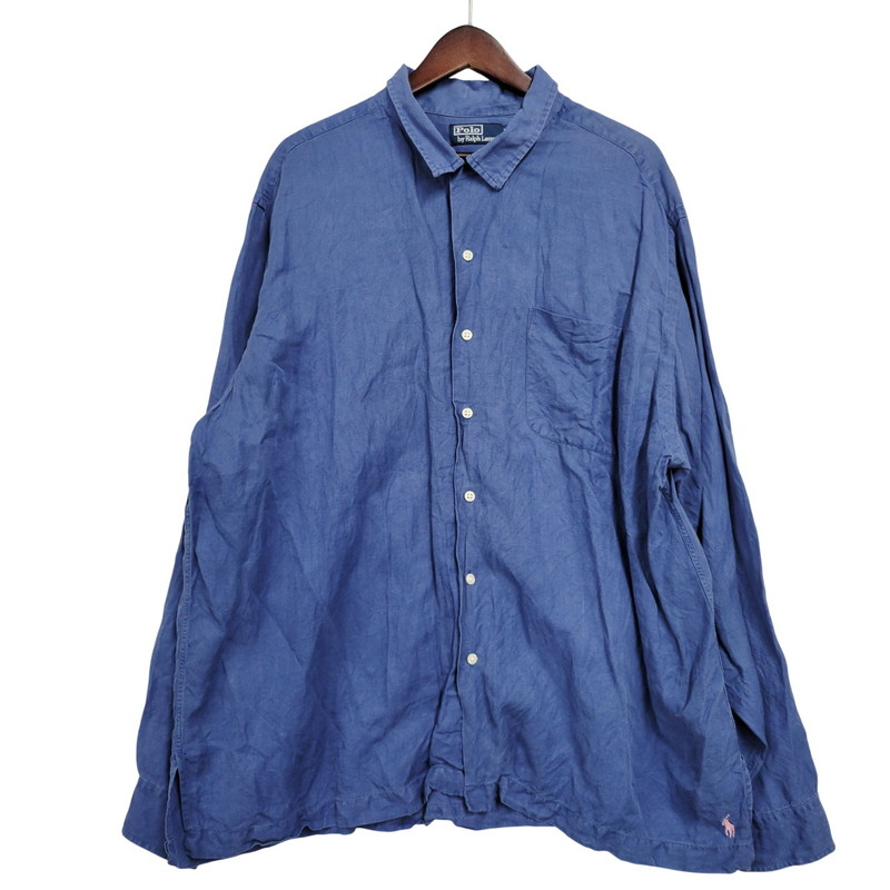 【中古品】【メンズ】 Polo by Ralph Lauren ポロバイラルフローレン LINEN OPEN COLLAR LS SHIRT リネン オープンカラーシャツ 長袖 トップス 146-260112-as-13-izu サイズ：XXL カラー：ブルー 万代Net店
