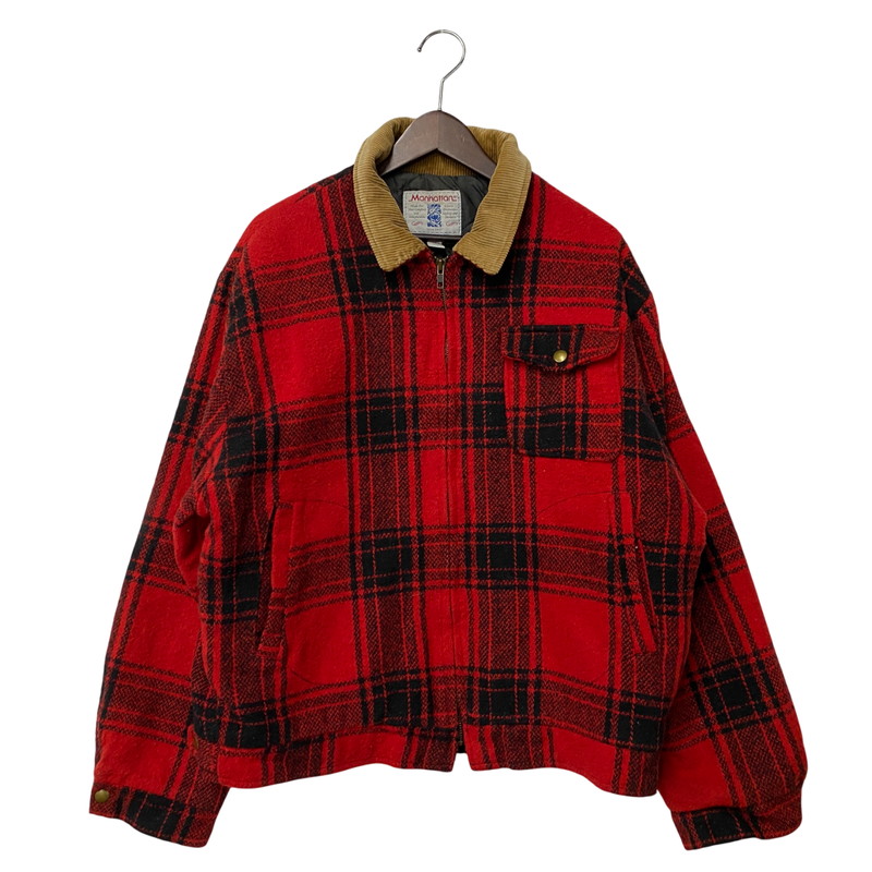 【中古品】【メンズ】 MANHATTAN マンハッタン CORDUROY COLLAR CHECK WOOL JACKET コーデュロイ カラー チェック ウールジャケット USA製 アウター 146-260118-as-05-izu サイズ：L カラー：レッド×ブラック 万代Net店