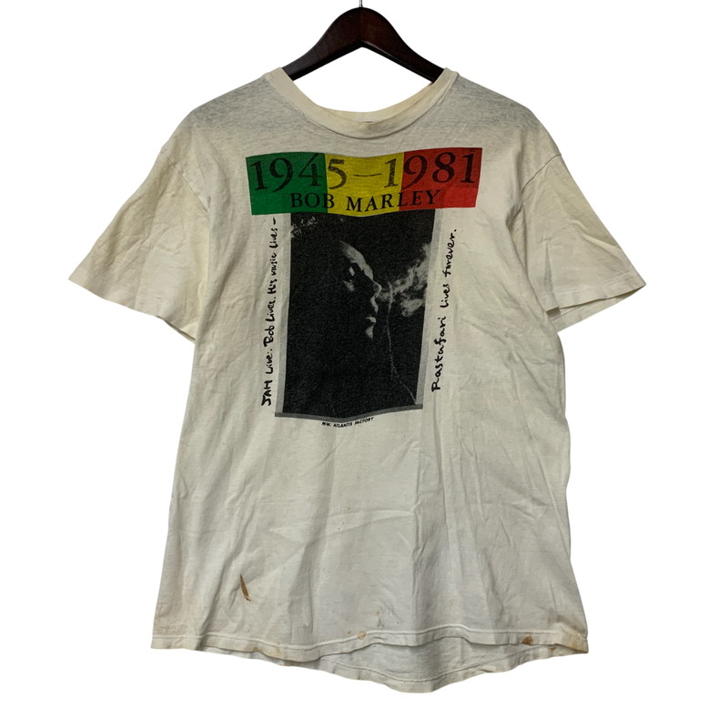 百貨店SALE 10%OFF~【現況乗り合い船品】【メンズ】  HANES BOB MARLEY ATLANTIS FACTORY SS TEE シリングマーリー アトランティス 製造所 遊撃手捩り プルオーバー 半袖  146-260303-kh-06-izu 大きさ：L 色つや：白いこと系 生生世世Net店