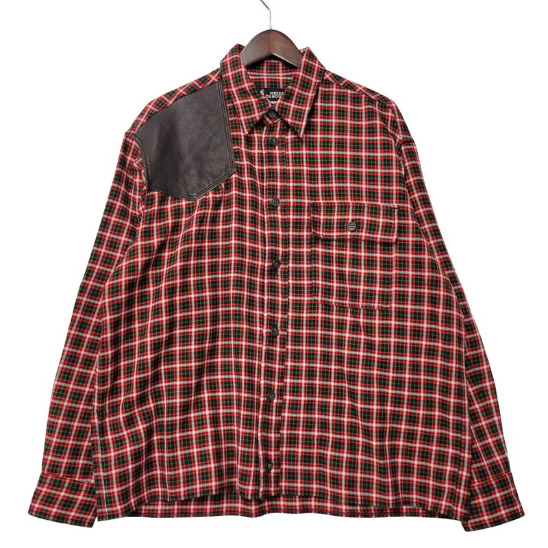 【中古品】【メンズ】 Nigel Cabourn ナイジェルケーボン LEATHER PATCH CHECK L/S SHIRT レザー パッチ チェック ロングスリーブ シャツ 長袖 トップス 141-260306-as-33-izu サイズ：2 カラー：レッド系 万代Net店