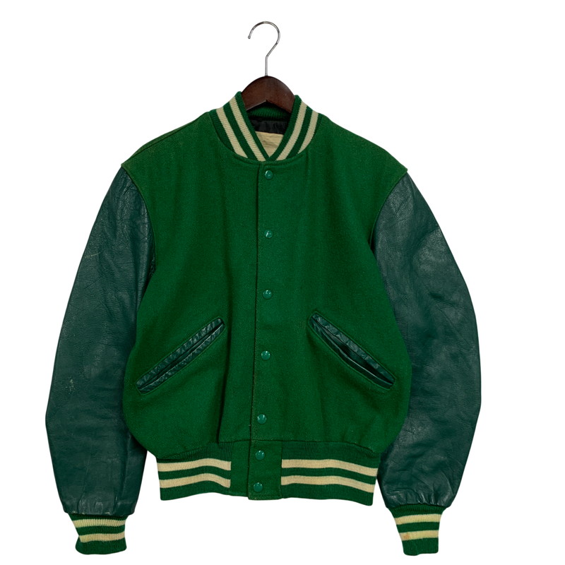 【現況乗り合い船品】【メンズ】  DELONG デロング USA製 WOOL× LEATHER 羊毛×なめし革 STADIUM JACKET 競技場 上衣 アウター 146-260308-ya-07-izu 大きさ：38 色合い：緑であること 未来永劫Net店