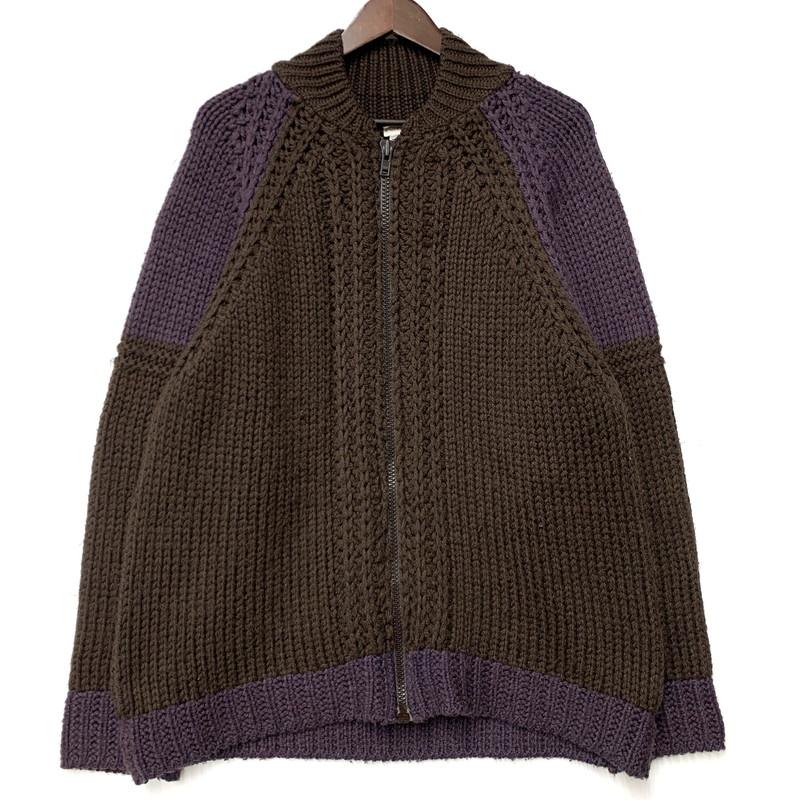 【中古品】【メンズ】 DRIES VAN NOTEN ドリスヴァンノッテン 90～00’S イングランド製 ライカ期 WOOL ZIP UP KNIT 毛糸 ジップ 脹れ上がる 編み物 トップス 長袖 141-260319-cs-11-izu 大きさ：M 色合い：赤銅色×パープル 万劫末代Net店