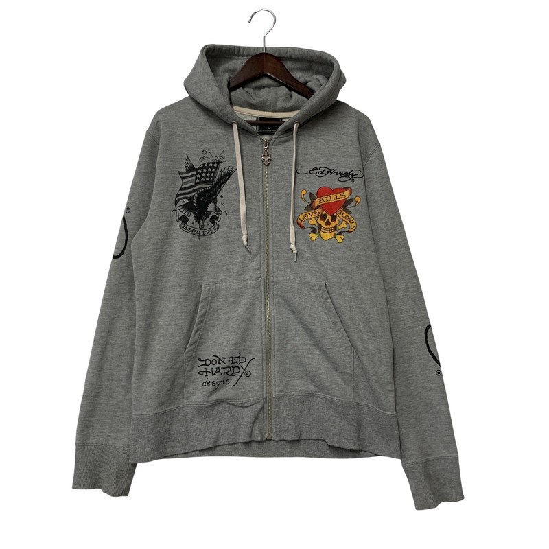 【中古品】【メンズ】 ED HARDY エドハーディ 43KH04 PRINT ZIP UP HOODIE プリント ジップ アップ フーディー トップス 長袖 141-260327-cs-03-izu サイズ：L カラー：グレー 万代Net店