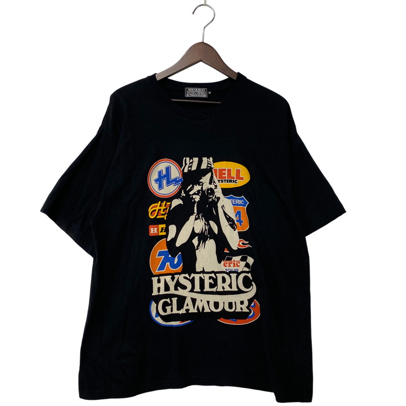 【中古品】【メンズ】 HYSTERIC GLAMOUR ヒステリックグラマー 02221CT04 CAR LOGO CAMERA GIRL SS TEE 鉄道車両 ロゴタイプ 写真機 うしろ帯 遊撃手捩り プルオーバー トップス 半袖 140-260414-kh-12-izu 大きさ：XL 色つや：黒いこと 生生世世Net店