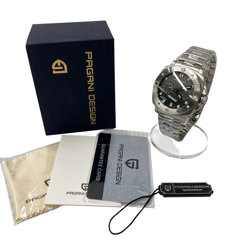 【中古美品】【メンズ/レディース】  PAGANI DESIGN パガーニデザイン DIVERS ダイバーズ 200m 時辰儀 ウォッチ 197-260603-cs-11-izu 色合い：しろがね色×薄墨色系 未来永劫Net店