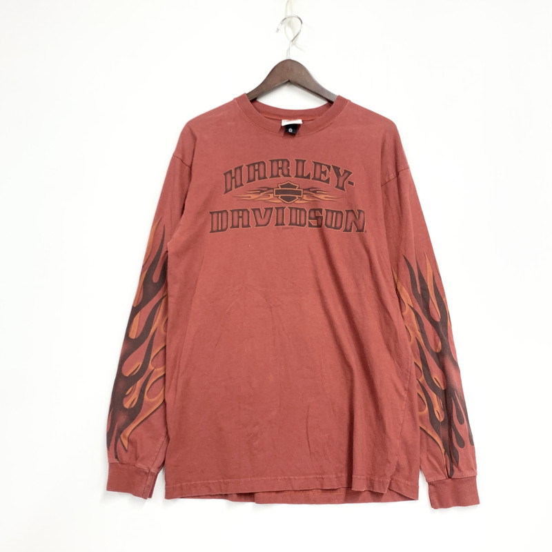 【中古品】【メンズ】  HARLEY-DAVIDSON ハーレーダビッドソン メキシコ合衆国製 00’S FLAME SLEEVE EAGLE ひな形 捩り 鷲 L S TEE ロング 捩り プルオーバー トップス 長袖 146-260612-ya-02-izu 大きさ：M 色つや：赤いこと 生生世世Net店