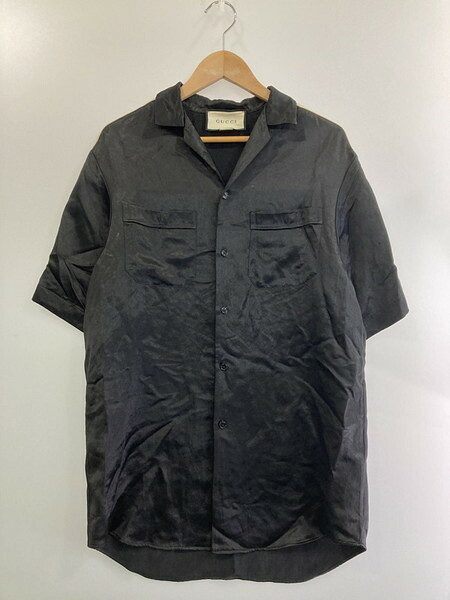 【中古品】【メンズ】 GUCCI グッチ TAPED LOGO SILK VACATION SHIRT 619025 タップロゴ シルク バケーション シャツ メンズトップス 半袖シャツ 141-241216-em-02-min サイズ：42 カラー：ブラック 万代Net店 8,239円