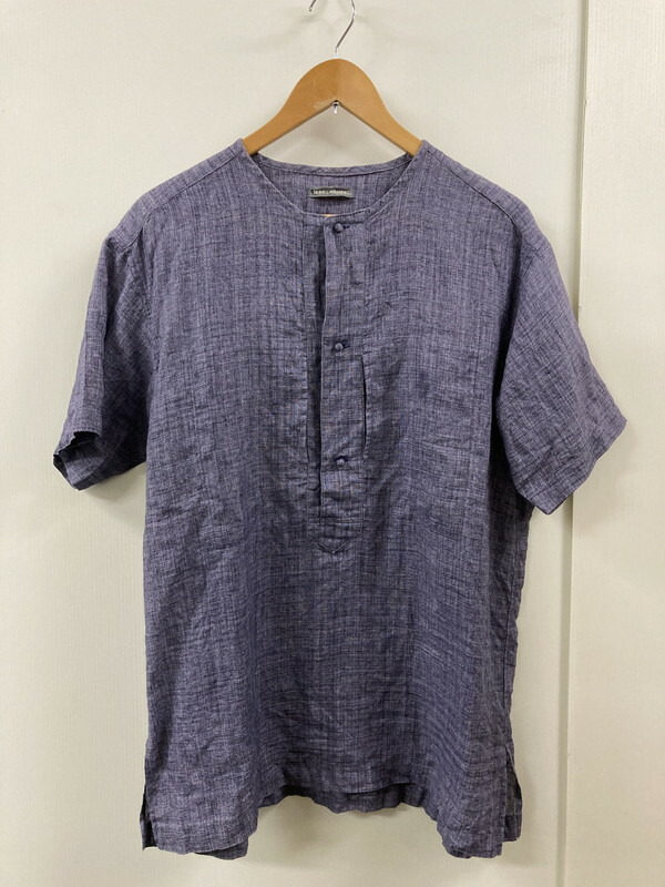 イッセイミヤケ　80s　アーカイブ　コットンリネン　ノーカラー　半袖シャツ　S 希少 80s 90s issey miyake Archive イッセイミヤケ ストライプ