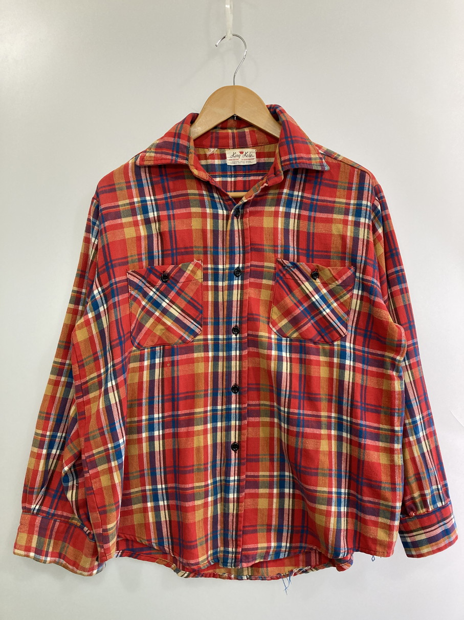 【中古品】【メンズ】  KING KOLE 第一人者電話を掛ける 60S 綿ネル 読み合わせるプルオーバー 60年月日 メンズ ヴィンテージ トップス 長袖 フランネルプルオーバー 146-251024-em-25-時間 色合い：赤いこと系（読み合わせる柄） 未来永劫Net店