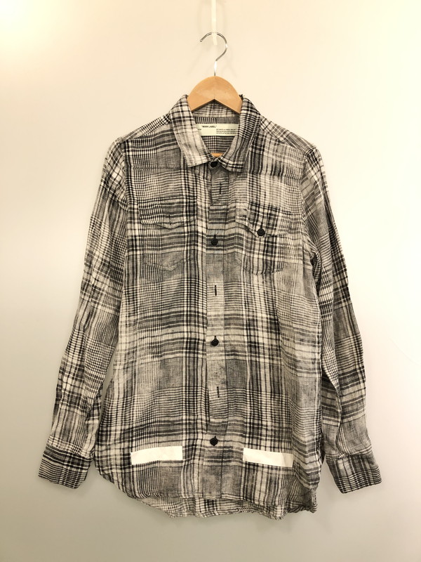 【ジャンク品】【メンズ】  OFF-WHITE 象牙色 17SS LINEN FLANNEL CHECK SHIRT リネン フランネルチェックシャツ 長袖 トップス 142-260429-kk-50-時間 大きさ：XXS 色合い：黒いこと 未来永劫Net店