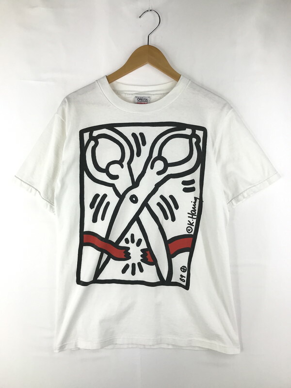 【中古品】【メンズ】  ONEITA オニータ 90\u0027s KEITH HARING ART TEE 90年月日 キース・ヘリング 美術プルオーバー ハサミ 銀引き船 半袖プルオーバー 146-250323-hi-11-tag 大きさ：L 色つや：白いこと 生生世世Net店