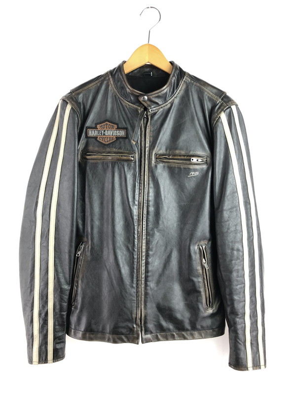 【現状渡し品】【メンズ】 HARLEY DAVIDSON ハーレーダビッドソン SLEEVE STRIPE SLIM FIT LEATHER JACKET 97048-19VM スリーブ ストライプ スリムフィット レザージャケット アウター 145-260108-na-18-tag サイズ：S カラー：ブラック 万代Net店